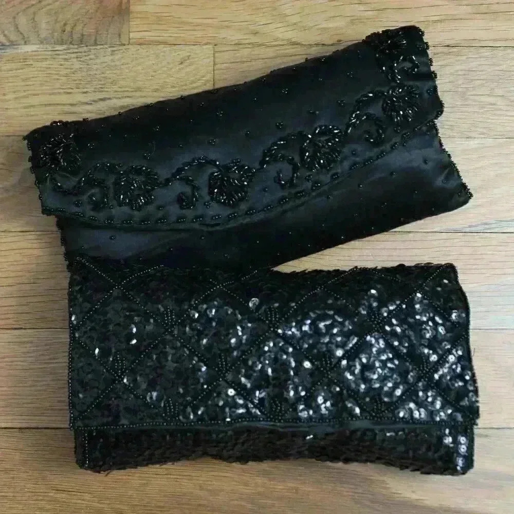 Set of 2 Vintage Black Bead and Sequin Formal Clutches Snap Closure Silky